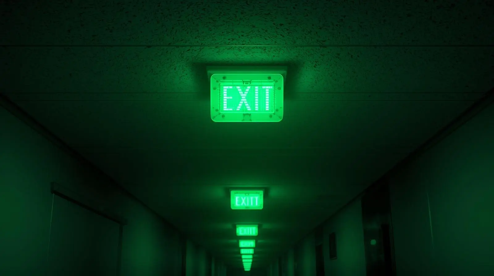 photo-realiste-de-blocs-de-secours-lumineux-verts-installes-au-plafond-dun-couloir photo-realiste-de-blocs-de-secours-lumineux-verts-installes-au-plafond-dun-couloir