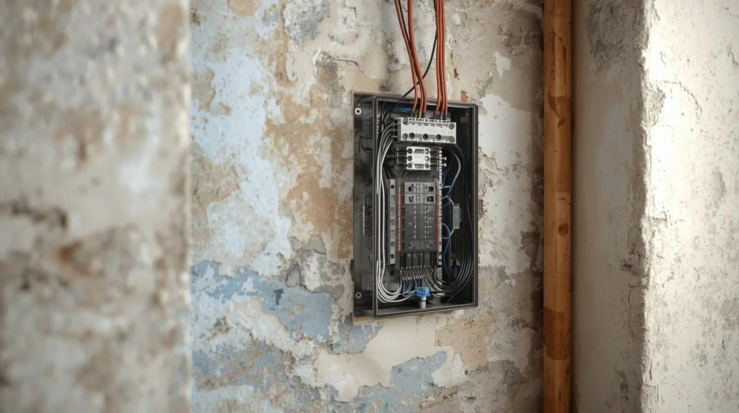 photo-realiste-de-câblages-electriques-renoves-dans-une-maison-ancienne-coffret-moderne photo-realiste-de-câblages-electriques-renoves-dans-une-maison-ancienne-coffret-moderne